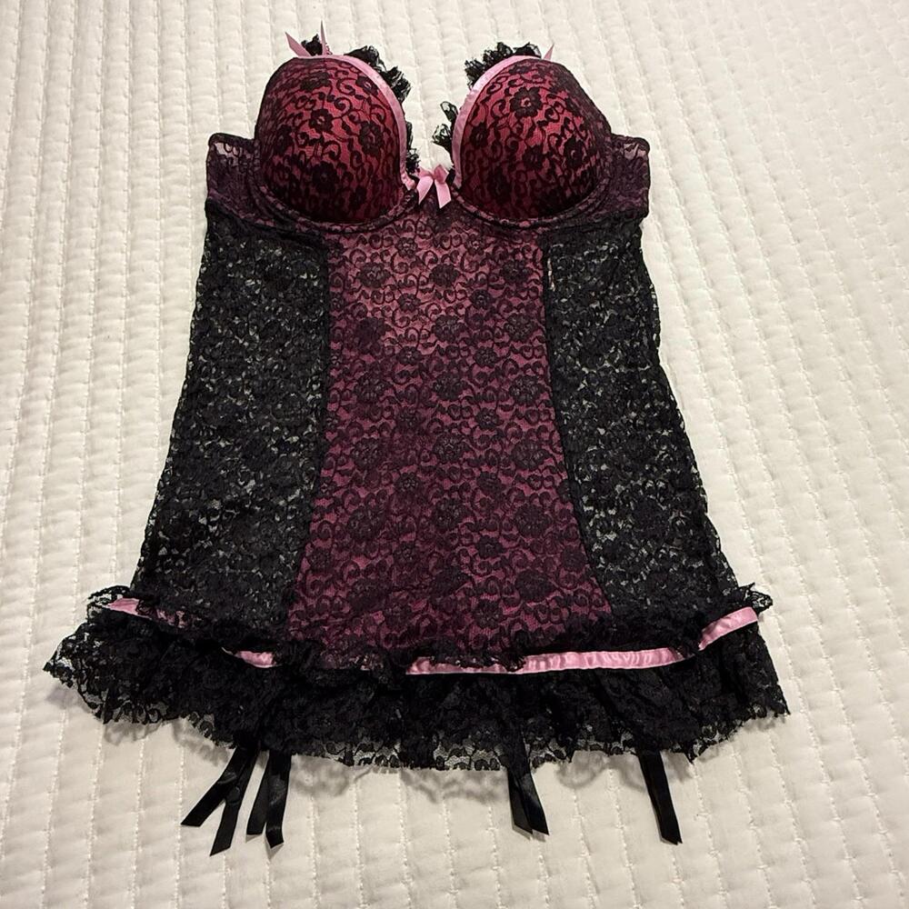 Victoria’s Secret Black Pink Babydoll Chemise Garters 36C Sexy Little Things - Picture 13 of 13